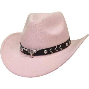 Unisex Light Pink 100% Polyester Bull Skull Band Classic Fedora Felt Cowboy Hat